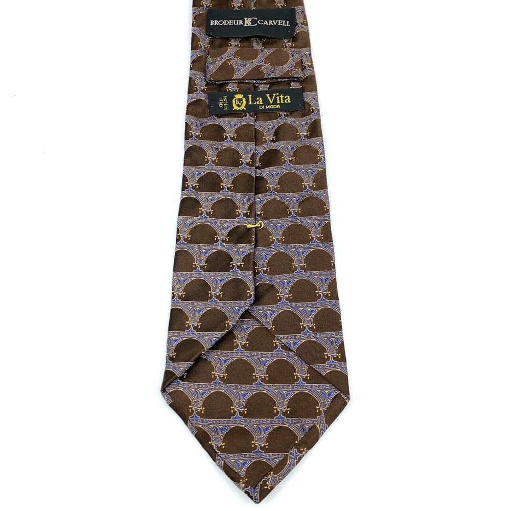 Brodeur Carvell La Vita Di Moda Tie Brown Blue 100% Silk Made in Italy Necktie - Picture 6 of 10